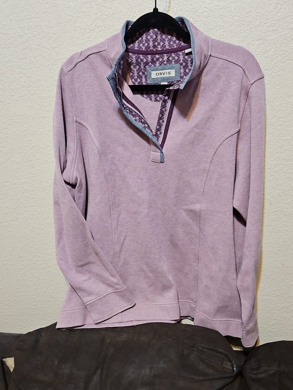 Orvis Lavender Half-Zip Sweatshirt with Patterned Stand Collar